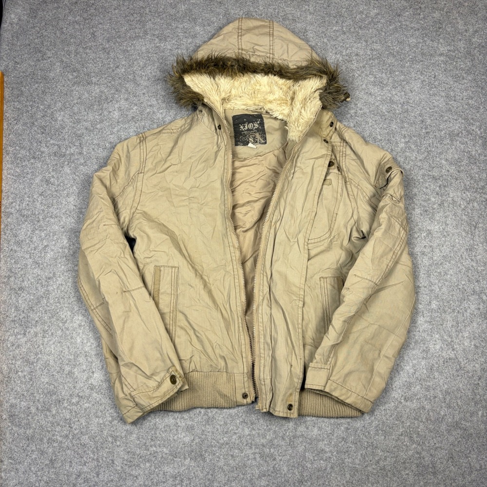 XIOS New York Mens Cotton Bomber Jacket Khaki Tan Faux Fur Hood Small